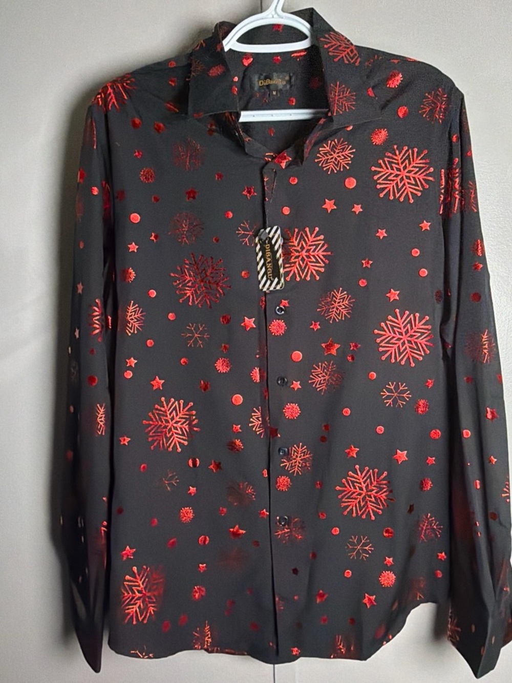 Men's Black Shirt with Red Metallic Snowflake Print
